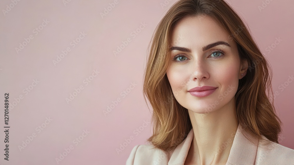 Elegant Portrait of a Young Woman Against a Soft Pink Background Elegant Portrait of a Young Woman Against a Soft Pink Background
