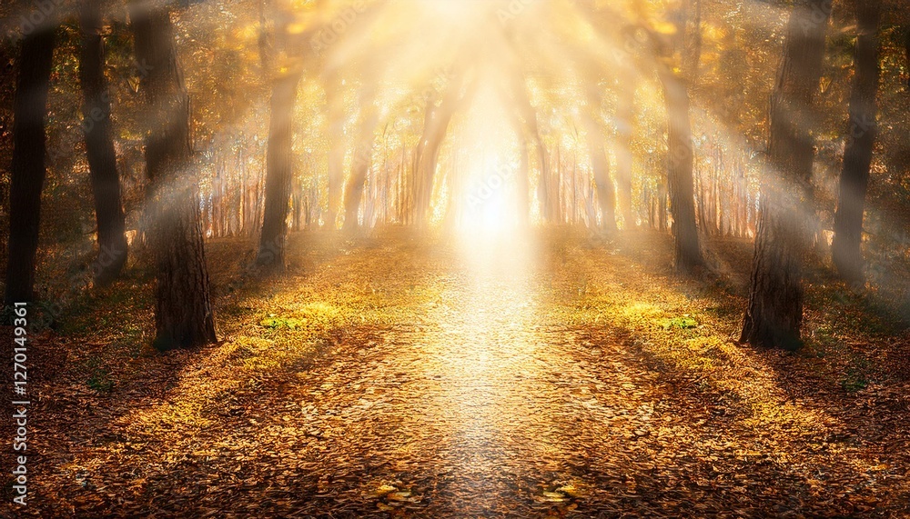 Obraz premium 静寂の中に続く光の道が、歩むたびに新たな可能性を照らし出すスピリチュアルな風景。 