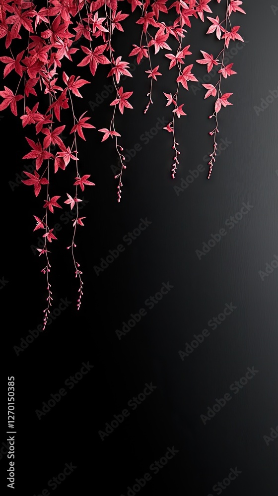 Red leaves hanging, black background, nature, decor, digital art Red leaves hanging, black background, nature, decor, digital art