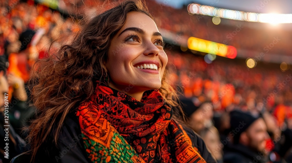 Happy Woman at Football Game Smiling Crowd Stadium Cheerful Happy Woman at Football Game Smiling Crowd Stadium Cheerful