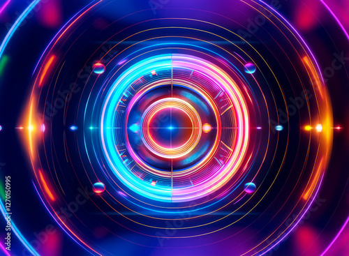 A vibrant abstract design featuring concentric circles with neon lights in shades of blue, pink, orange, and purple, evoking a futuristic and dynamic atmosphere.