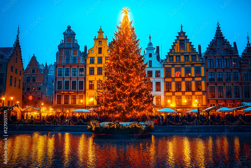 Fototapeta premium Beautiful Christmas tree in a town square at night