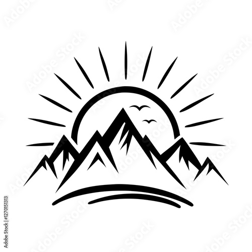Mountain sunrise silhouette with birds and sun rays in black and white icon design
