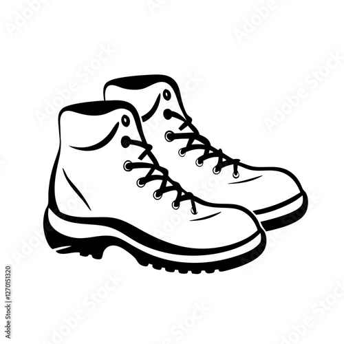 Black and white hiking boots illustration with laces and tread design