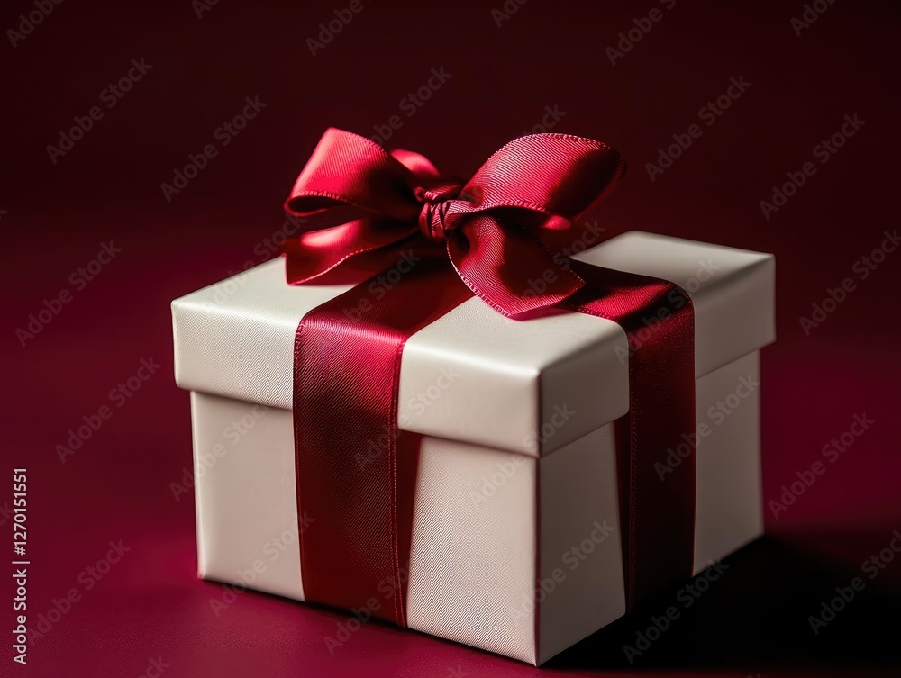 Obraz premium Elegant White Gift Box with Red Silk Ribbon Bow and Soft Shadow on Deep Burgundy Background Modern Luxury Present Concept