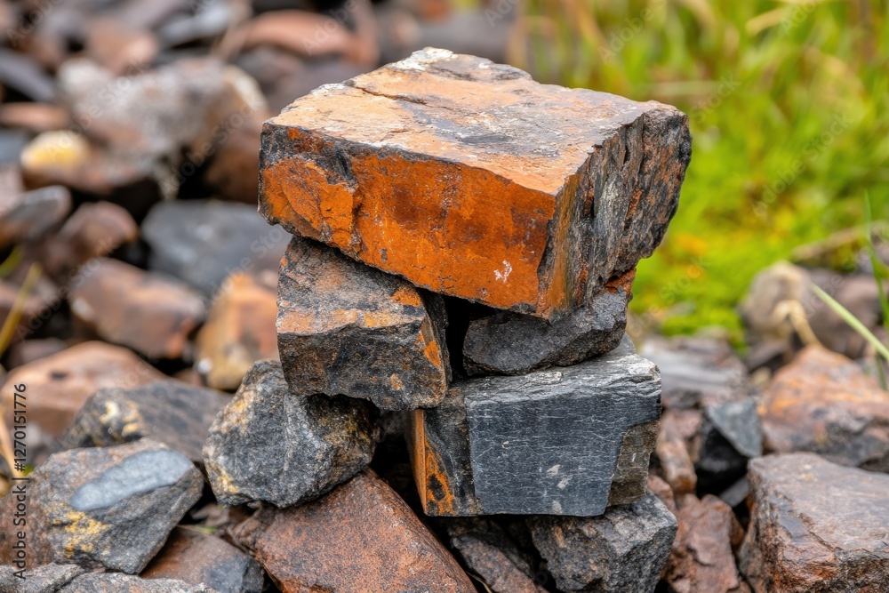 Stacked Natural Stones with Unique Textures and Colors on Grassy Outdoor Surface Stacked Natural Stones with Unique Textures and Colors on Grassy Outdoor Surface