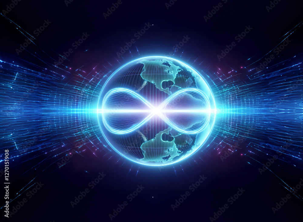 Obraz premium A glowing infinity symbol is centered on a digital globe, illuminated with blue and purple light streams, evoking a futuristic and interconnected global concept.