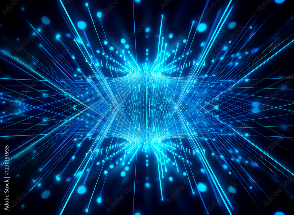 Abstract digital image featuring blue lines and dots creating a futuristic network or data flow effect on a dark backdrop.