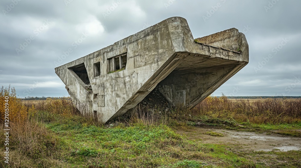 An abandoned concrete structure in a desolate landscape, showcasing unique architectural design. An abandoned concrete structure in a desolate landscape, showcasing unique architectural design.