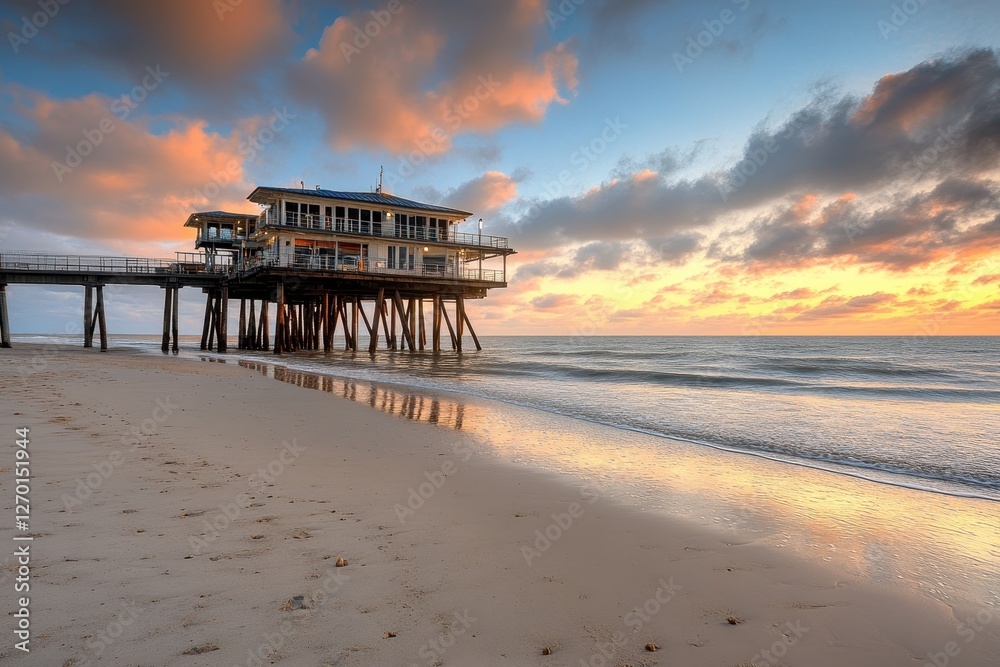 Serene Sunset Over Pier with Reflections on Sandy Shoreline and Calm Ocean Waves Serene Sunset Over Pier with Reflections on Sandy Shoreline and Calm Ocean Waves