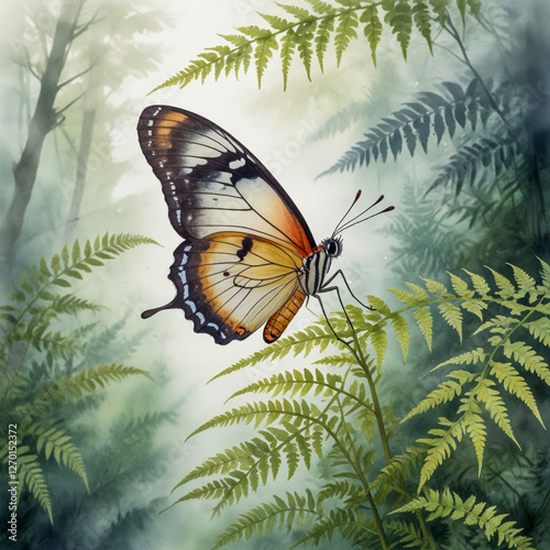 Watercolor illustration of a Crystal Breeze butterfly perched on a delicate fern in the Monteverde Cloud Forest, Costa Rica, with mist drifting through the jungle photo