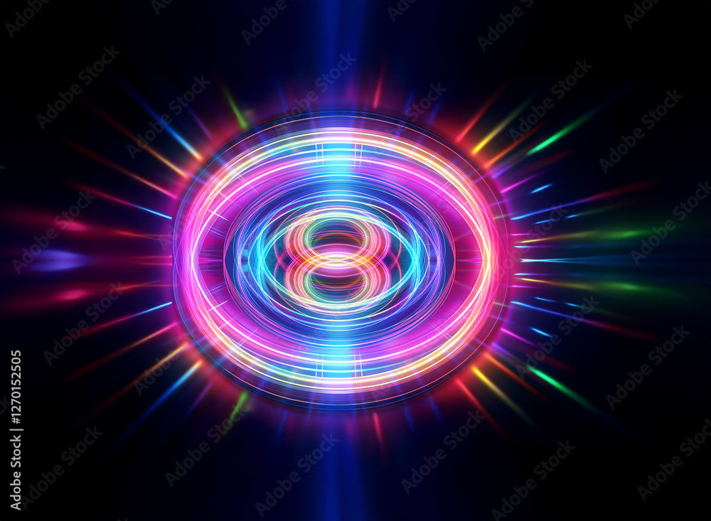 Bright number eight in the middle with glowing rings and radiant rays of light on a dark background, creating a vibrant and abstract design. Bright number eight in the middle with glowing rings and radiant rays of light on a dark background, creating a vibrant and abstract design.