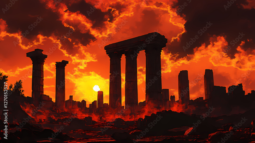 Fototapeta premium Ancient ruins stand silhouetted against a fiery sky hinting at a forgotten civilization lost in the sands of time mystery & adventure await. Pillars of Forgotten Time. Illustration