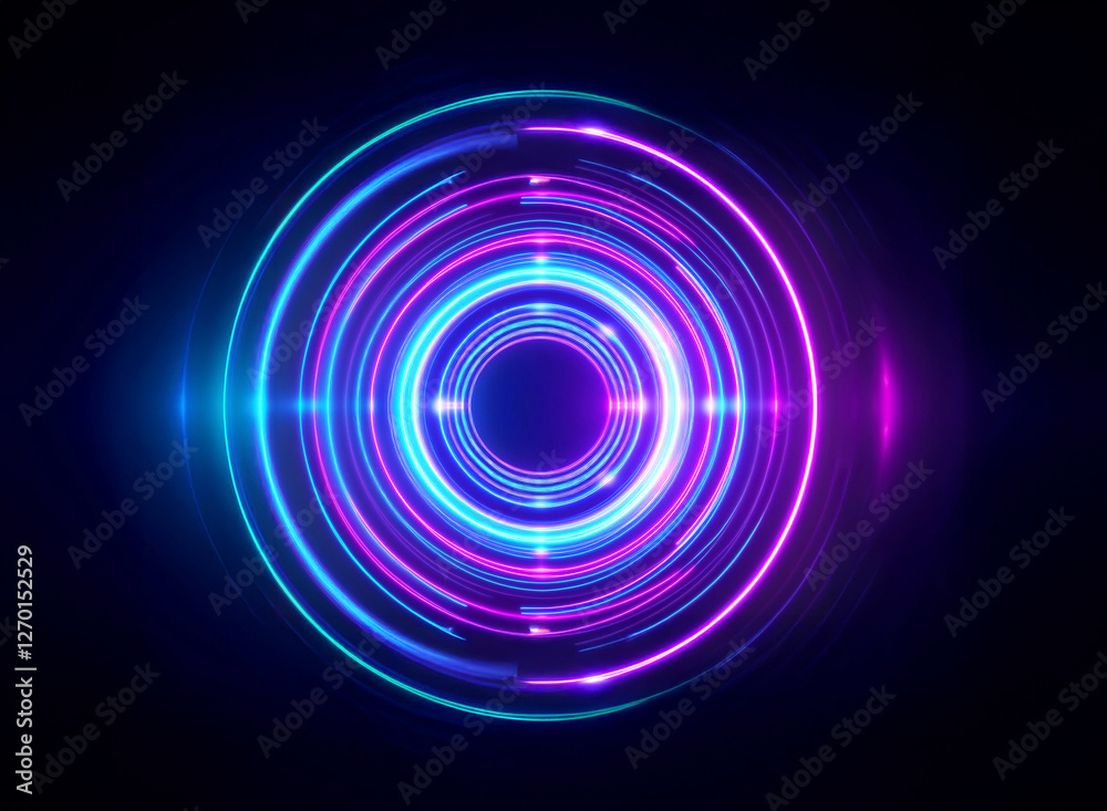Vibrant concentric circles of neon light emanate from a central point, creating a mesmerizing, futuristic portal effect against a dark backdrop.