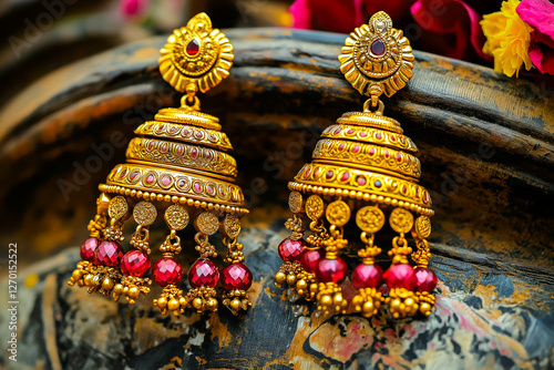 Beautiful Indian Antique Golden pair of earrings, Luxury female jewelry, Indian traditional jewellery,Indian jewelry Bridal earrings wedding jewellery heavy party earrings,