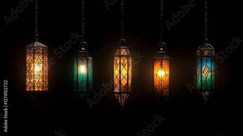 Five illuminated stained-glass pendant lamps hanging against a black background.