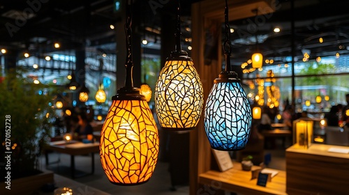 Three stained-glass pendant lights illuminate a modern cafe.