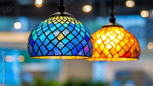 Two hanging stained-glass lamps, blue and orange.