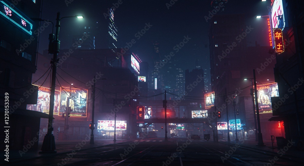 Fototapeta premium Neon-lit cyberpunk cityscape silhouettes with atmospheric glow