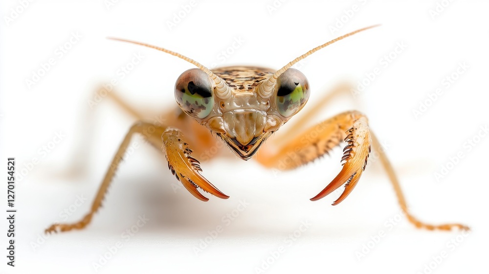 Closeup of a Tan Praying Mantis on White Background Closeup of a Tan Praying Mantis on White Background