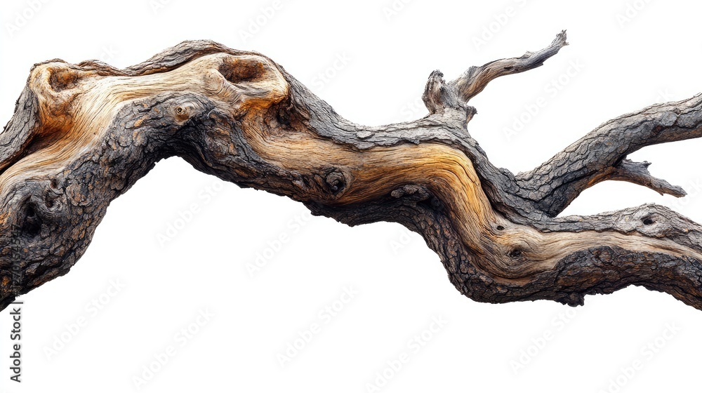 Curved, weathered driftwood branch with intricate textures against a clean white background Curved, weathered driftwood branch with intricate textures against a clean white background