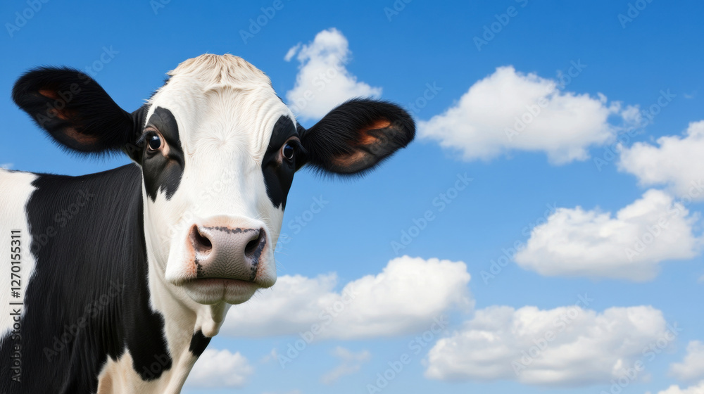 close up view of cow against bright blue sky with fluffy clouds, showcasing its distinct black and white markings