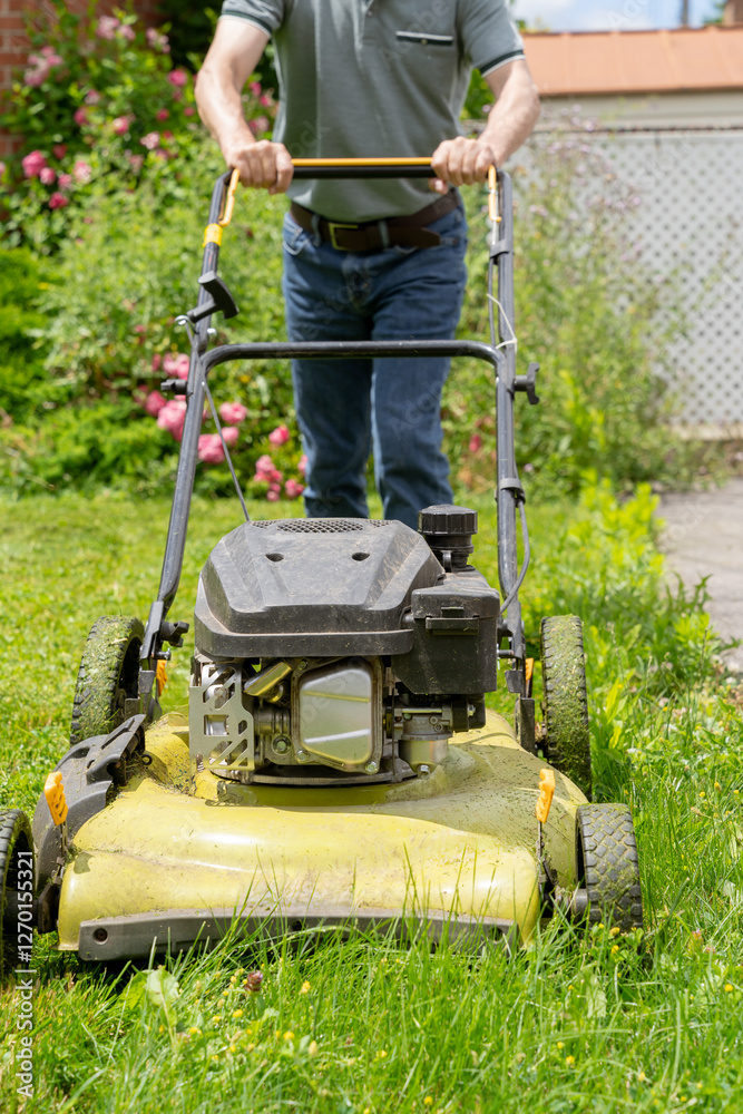 vertical Photo of a person mowing the lawn with a lawn mower on a sunny day vertical Photo of a person mowing the lawn with a lawn mower on a sunny day