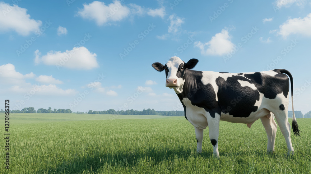 side view of Holstein cow standing in green meadow under clear blue sky, evoking sense of tranquility and nature side view of Holstein cow standing in green meadow under clear blue sky, evoking sense of tranquility and nature