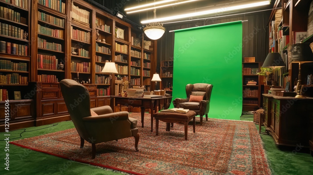 Fototapeta premium Film Set: Library with Green Screen Background