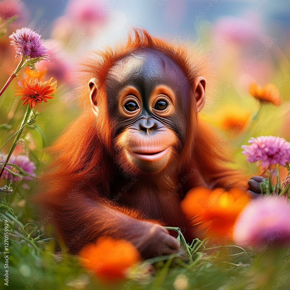 Fototapeta premium Orang Utan Baby auf einer Blumenwiese
