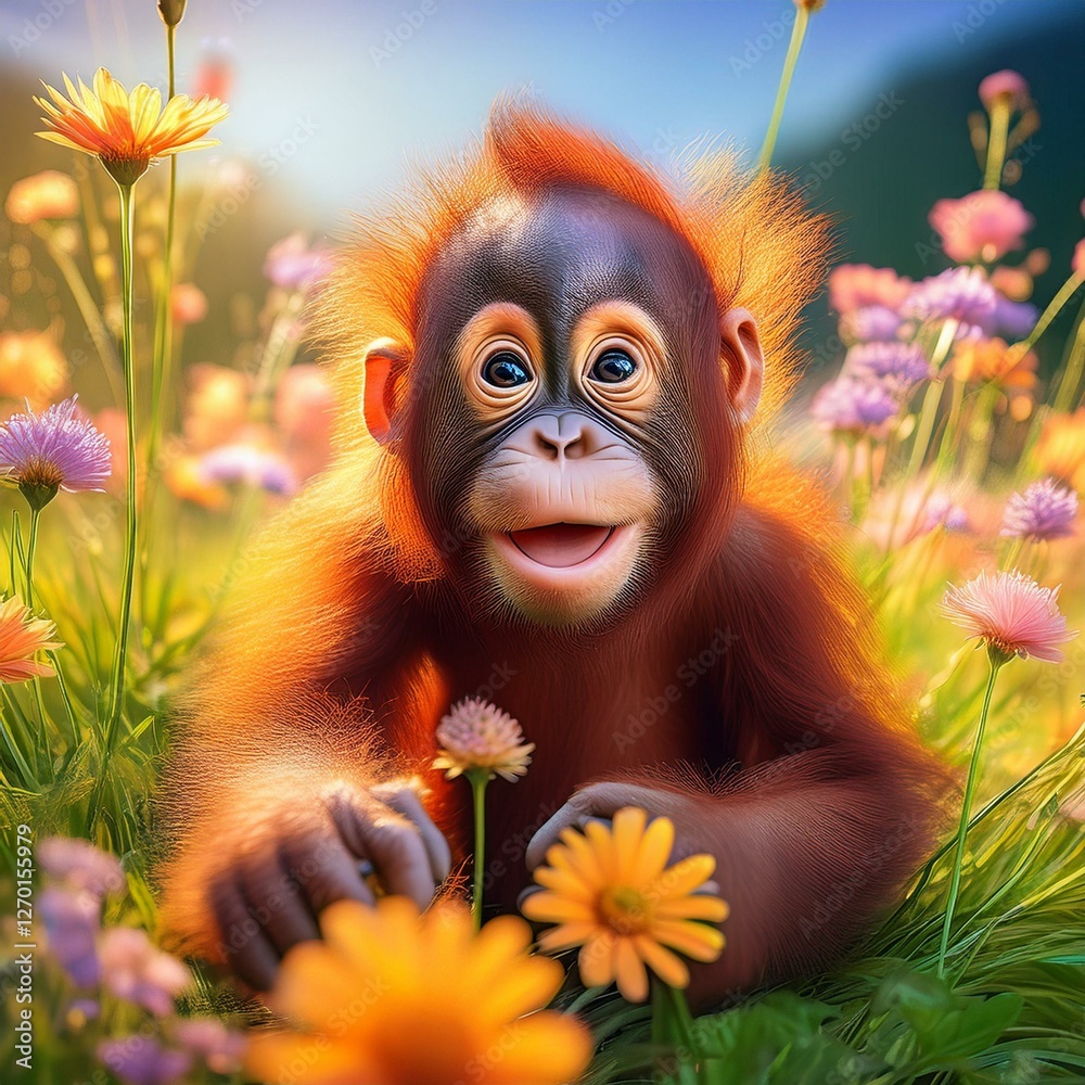 Fototapeta premium Orang Utan Baby auf einer Blumenwiese