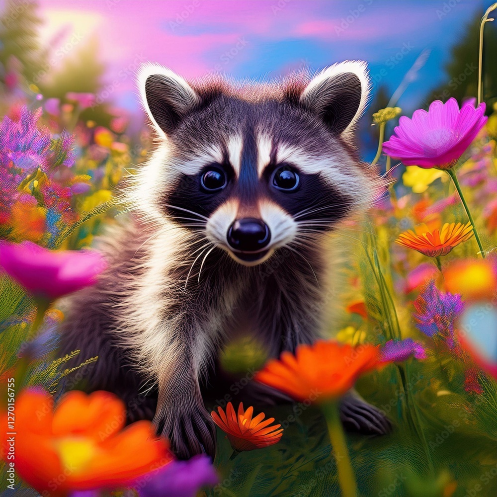 Obraz premium Niedlicher Waschbär auf einer Blumenwiese