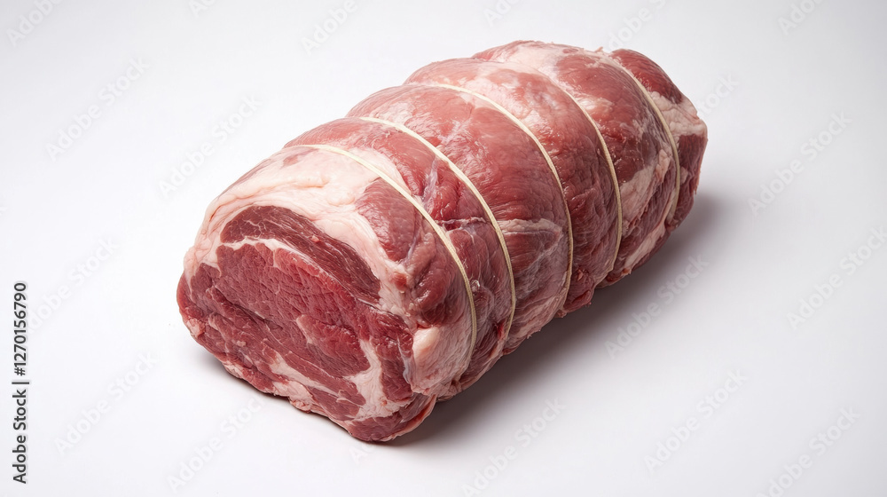 Fresh pork roast with tied sections, ideal for culinary preparation and seasoning Fresh pork roast with tied sections, ideal for culinary preparation and seasoning