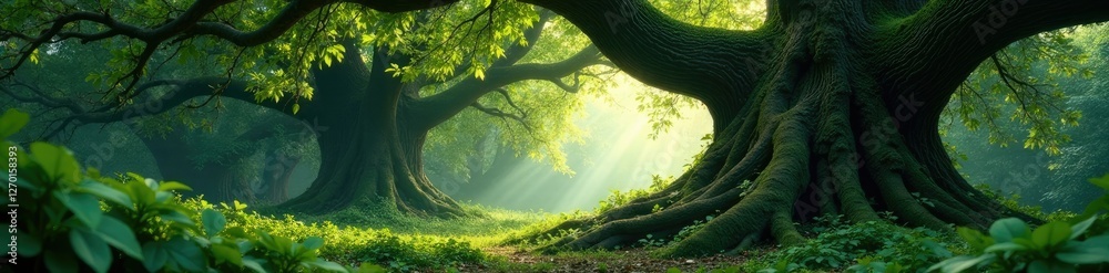 Fototapeta premium Greenery and vines entwine ancient tree in vault, nature, foliage