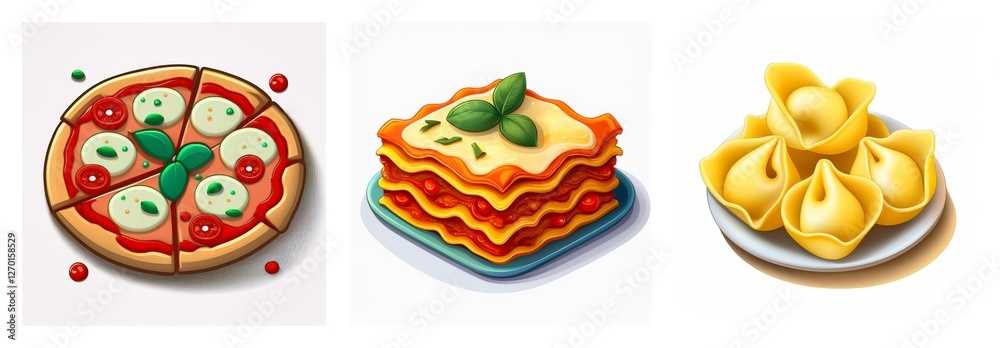 Three iconic Italian dishes are displayed: a classic margherita pizza, a layered lasagna, and a plate of golden tortellini. Delicious cuisine. Three iconic Italian dishes are displayed: a classic margherita pizza, a layered lasagna, and a plate of golden tortellini. Delicious cuisine.