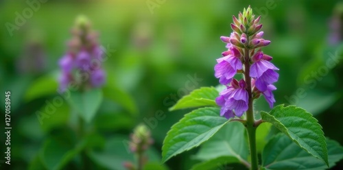 Gypsywort plant in full bloom with purple flowers and green leaves, lycopus, nature photo