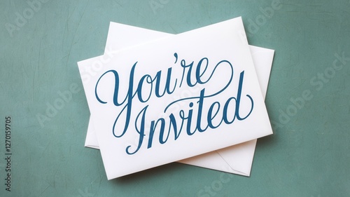 Elegant invitation card with stylish lettering on teal background