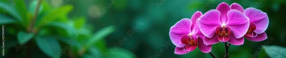 Pink orchids in a lush blue-green garden with tropical foliage, nature, contrast, orchid Pink orchids in a lush blue-green garden with tropical foliage, nature, contrast, orchid