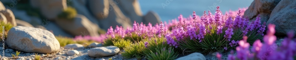 Obraz premium Purple blooms sprouting from the rocky terrain, purple, wildflower, terrain