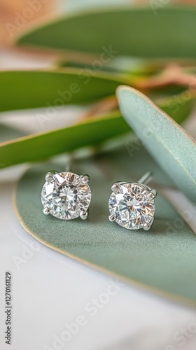Delicate diamond stud earrings showcased elegantly among lush green leaves