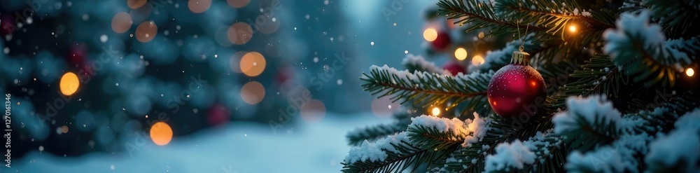 Fototapeta premium Snowflakes fall gently on the tree's branches, twinkling lights, festive decor, winter wonder