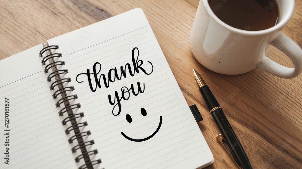 Thank you message and smiling face drawn on notebook Thank you message and smiling face drawn on notebook