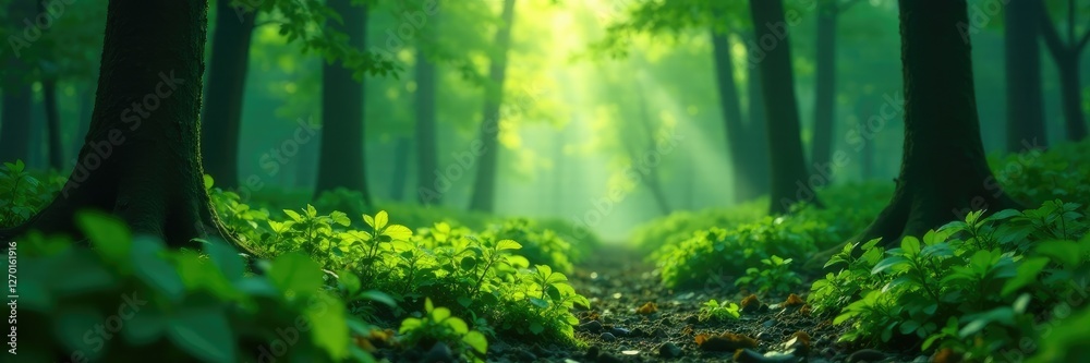 Fototapeta premium Softly glowing green leaves illuminate the forest floor, forest, serene, misty
