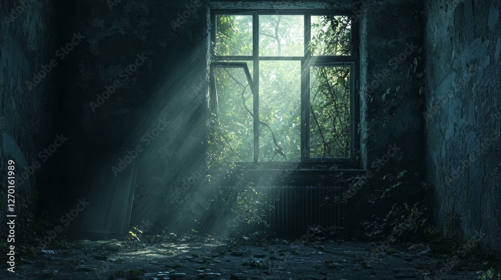 Abandoned Room with Sunlight and Overgrown Nature Abandoned Room with Sunlight and Overgrown Nature