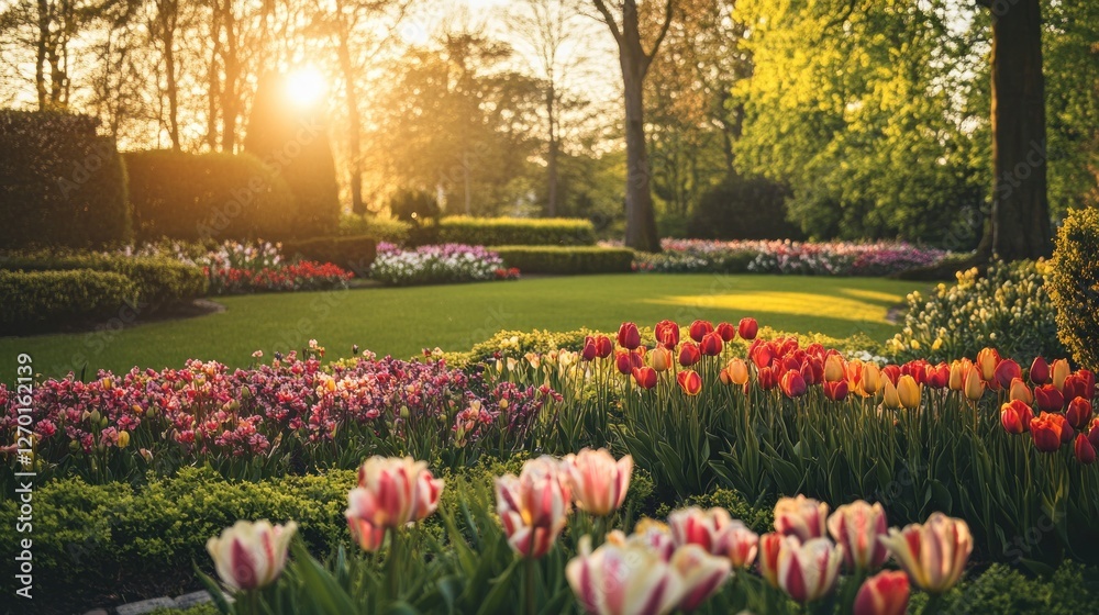 Obraz premium Vibrant display of springtime tulips in a meticulously maintained garden