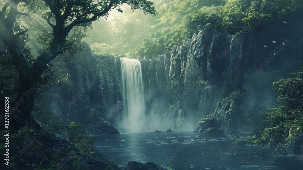 Enchanting Waterfall Amidst Lush Forest and Serene Lake Landscape Enchanting Waterfall Amidst Lush Forest and Serene Lake Landscape