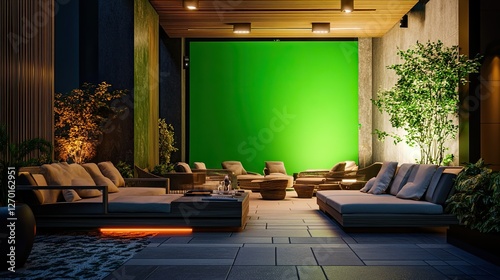 Serene Nighttime Terrace with Green Screen Background