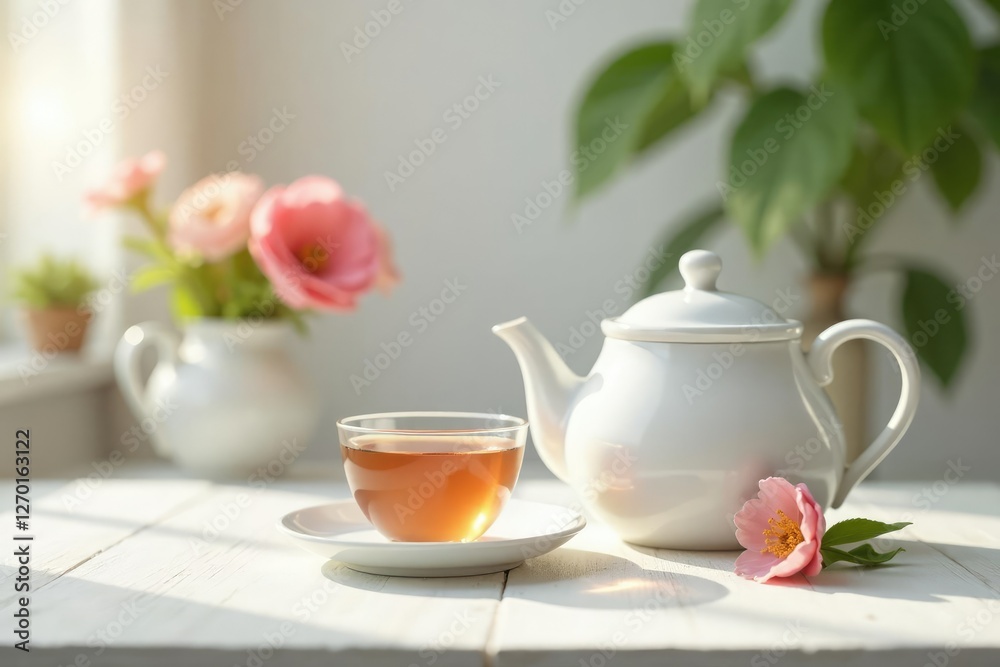 Whiteness of table with tea kettle and flowers, calmingtea, freshflowers, serene Whiteness of table with tea kettle and flowers, calmingtea, freshflowers, serene