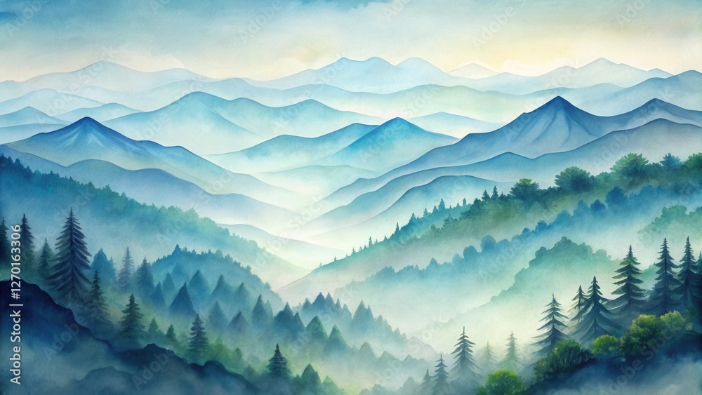 Fototapeta premium Serene Vista Misty Mountains and Verdant Forest Enveloped in a Dreamlike Haze