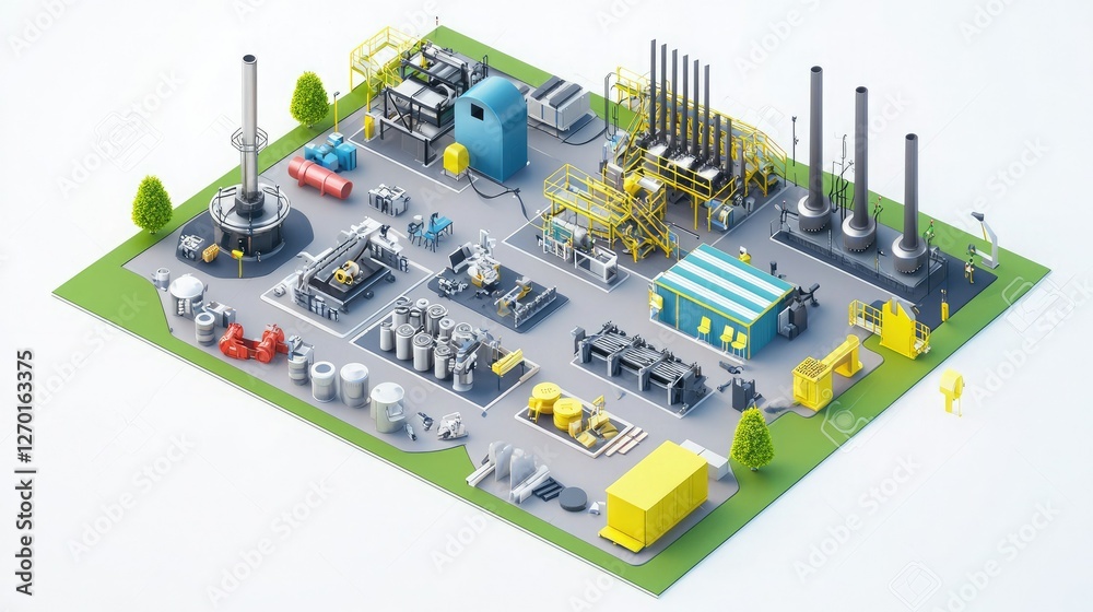 A colorful isometric illustration of an industrial site featuring machinery, storage units, pipes, and greenery, showcasing a modern manufacturing environment. A colorful isometric illustration of an industrial site featuring machinery, storage units, pipes, and greenery, showcasing a modern manufacturing environment.